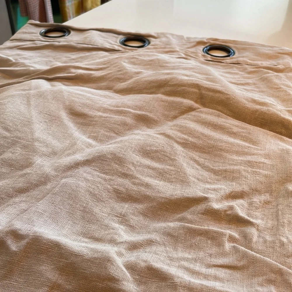 Pair of 2 Beige Khaki 100% Linen Curtain Panels w Grommet Rings 102”